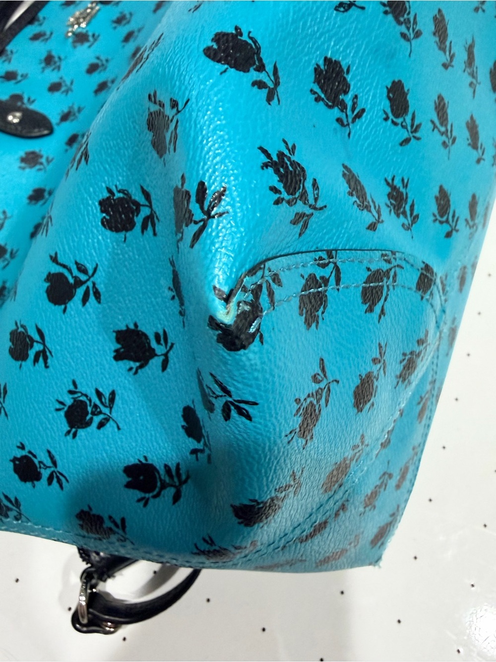 Coach Reversible Teal Floral Print Tote Bag with Black leather pouch